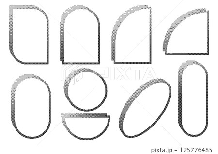 Pixel pattern frames. Bitmap arch windows on white background. Noisy arcade game gradient arc. Dotted dither vector graphic elements. Geometric halftone abstract border. 125776485