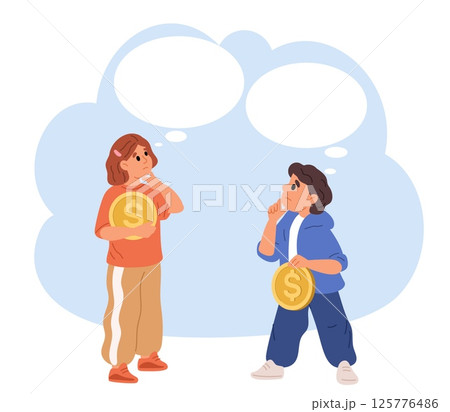 Girl and boy hold coins in hand and think about investments. Financial literacy. Thoughtful little persons. Pensive children investing money. Young people dream of buying. Vector concept 125776486