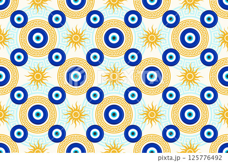 Evil eye seamless pattern. Turkish blue bead with meander. Greek vector magic background with sun and ethnic nazar symbol of protection luck. Traditional ornament with energy amulet Evil eye seamless pattern. Turkish blue bead with meander. Greek vector magic background with sun and ethnic nazar symbol of protection luck. Traditional ornament with energy amulet 125776492