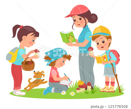Kids learn nature. Young naturalists discover world with teachers. Practical activities. Mentors and students. People collect mushrooms in forest. Scouts education. Splendid vector set 125776508