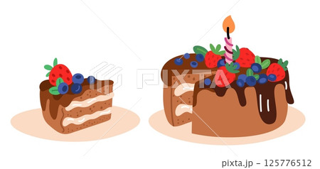 Large birthday cake with candle. Cut off dessert piece. Holiday confectionery. Berries and chocolate glaze. Anniversary celebration bakery. Brownie eating. Vector delicious party pie 125776512