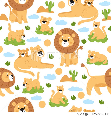 Lions seamless pattern. Lionesses and little cubs. African nature. Predators of feline family. Repeated kids print. Safari mammals. Cute leo pride. Savannah fauna. Vector background 125776514