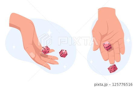 Male and female hand throws dice. Casino games. Croupier arms toss gambling cubes. Roulette win betting. Lucky chance. Fortune risk. Gambler palm gesture. Vegas craps. Vector concept Male and female hand throws dice. Casino games. Croupier arms toss gambling cubes. Roulette win betting. Lucky chance. Fortune risk. Gambler palm gesture. Vegas craps. Vector concept 125776516