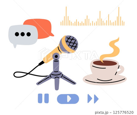 Microphone for recording audio. Podcasts live streaming. Voice overs for news or announcements. Coffee for newscaster. Equalizer and player buttons. Interview talk bubble. Vector concept 125776520