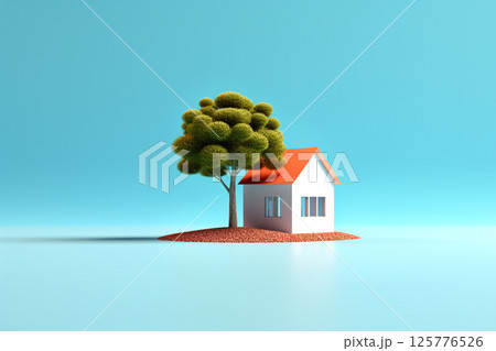 Cartoon-style house with a red roof, white walls, and green trees, showcasing a minimal real estate concept. Home blue background Cartoon-style house with a red roof, white walls, and green trees, showcasing a minimal real estate concept. Home blue background 125776526