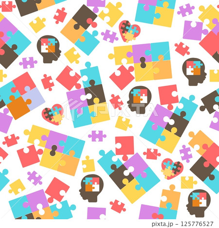 Multicolored puzzle folding picture from individual pieces seamless pattern. Logic game thinking. Autists head with jigsaw parts. Repeated print. Brainteaser assemble. Vector background Multicolored puzzle folding picture from individual pieces seamless pattern. Logic game thinking. Autists head with jigsaw parts. Repeated print. Brainteaser assemble. Vector background 125776527