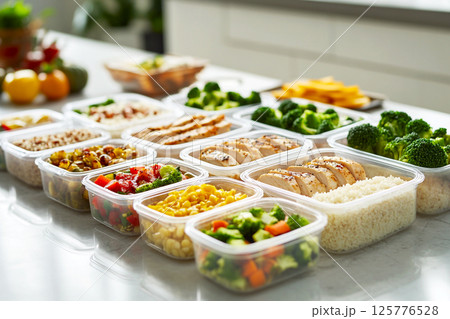 Balanced and healthy food neatly packed in meal prep containers, emphasizing convenience and nutrition. Freshly prepared healthy meals arranged in containers Balanced and healthy food neatly packed in meal prep containers, emphasizing convenience and nutrition. Freshly prepared healthy meals arranged in containers 125776528