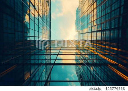 Glass skyscraper against the sky, highlighting modern architecture with a focus on reflection and light. Urban cityscape featuring a sleek glass skyscraper 125776538