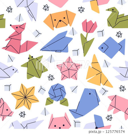 Origami figures folded from colored paper seamless pattern. Japanese animal shapes. Creative dove bird and flower. Repeated print. Asian polygonal papercraft. Hobby craft. Vector background 125776574
