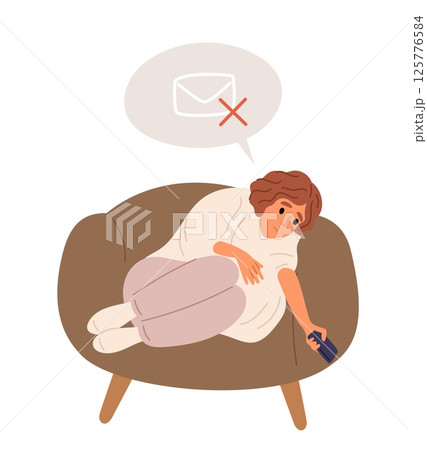 Sad girl waiting for email or phone message. Tired woman sitting on armchair. Messenger chat. Online communication. Unhappy female expecting smartphone call. Letter notice. Vector concept 125776584
