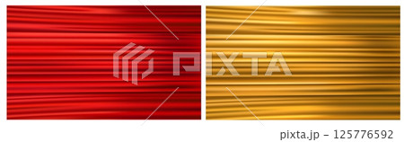 Texture of natural red and gold silk. Smooth satin. Silky material. Curtain creases. 3D cloth folds. Drape ripple. Luxury fabric. Theater drapery backdrop. Vector textile background 125776592