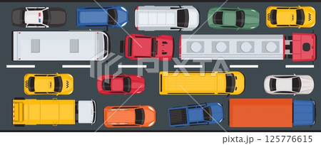Traffic jam on main road. Trucks and cars top view. Urban transportation. City vehicles. Taxi cabs. Rush hour automobiles congestion. Town busy highway. Downtown travel. Vector concept 125776615