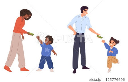 Young mother and father give their children pocket money. Financial literacy. Parents support boy and girl. Kids earnings and savings. Son and daughter receive banknotes. Vector concept 125776696