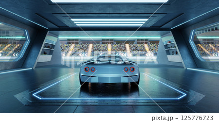3D rendering Futuristic sports car parked in high-tech garage overlooking race track 125776723