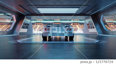 3D rendering Futuristic race car waiting in high-tech garage overlooking stadium 3D rendering Futuristic race car waiting in high-tech garage overlooking stadium 125776729