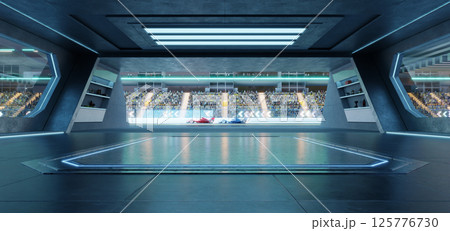 3D rendering Futuristic garage overlooking racing cars competing on track in stadium 3D rendering Futuristic garage overlooking racing cars competing on track in stadium 125776730