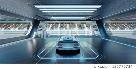 3D rendering White racing car parked in futuristic garage overlooking race track 125776734