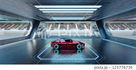 3D rendering Futuristic red racing car parked in high-tech garage overlooking race track 125776736