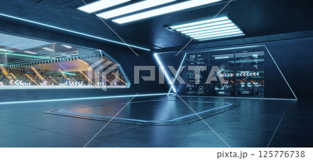 3D rendering Futuristic garage showing race track and telemetry data on transparent display 125776738