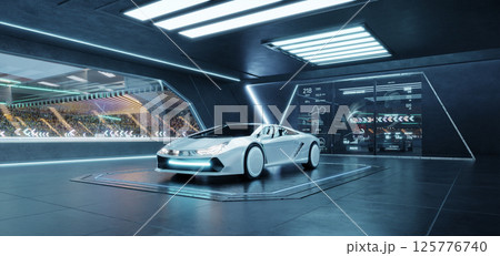 3D rendering Futuristic white sports car parked in high-tech garage with race track view 125776740
