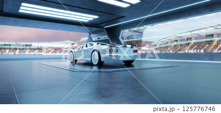 3D rendering White futuristic sports car parked in high-tech garage overlooking race track 3D rendering White futuristic sports car parked in high-tech garage overlooking race track 125776746