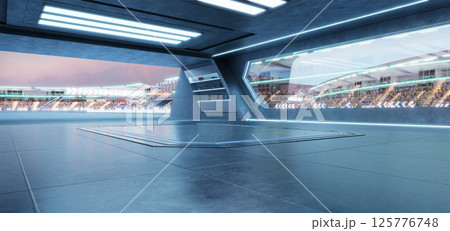 3D rendering Futuristic garage overlooking illuminated race track with spectators 3D rendering Futuristic garage overlooking illuminated race track with spectators 125776748