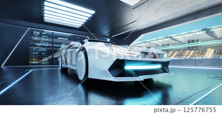 3D rendering Futuristic white sports car parked in high-tech garage near race track 3D rendering Futuristic white sports car parked in high-tech garage near race track 125776755