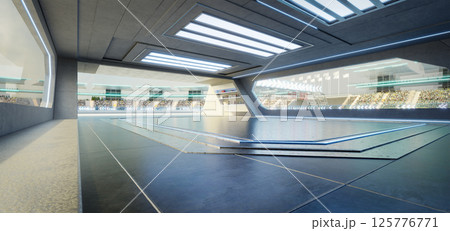 3D rendering Futuristic garage opening on racetrack with audience cheering 3D rendering Futuristic garage opening on racetrack with audience cheering 125776771