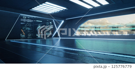 3D rendering Futuristic garage showing race statistics and racetrack outside 125776779