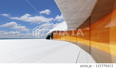 3D rendering Modern building overlooking tranquil ocean under cloudy blue sky 125776813