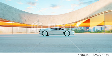 3d rendering Futuristic white sports car parked in a modern architectural space 125776839