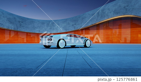 3D rendering Futuristic white supercar parked in modern building with glowing wheels at sunset 3D rendering Futuristic white supercar parked in modern building with glowing wheels at sunset 125776861