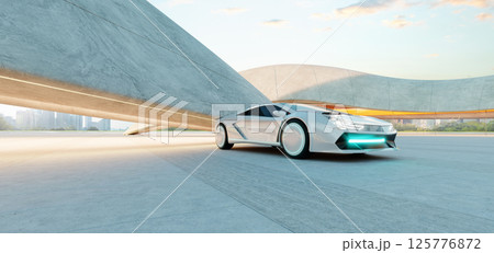 3d rendering Futuristic white sports car parked under modern concrete architecture at sunset 3d rendering Futuristic white sports car parked under modern concrete architecture at sunset 125776872