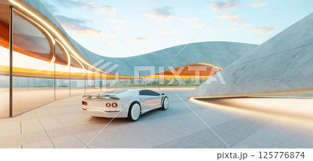 3d rendering White futuristic car parked in a modern architectural parking lot 125776874