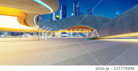 3d rendering Futuristic parking lot with illuminated modern architecture at night 3d rendering Futuristic parking lot with illuminated modern architecture at night 125776898