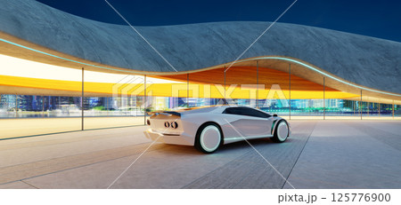 3d rendering Futuristic white sports car parked in modern garage with city view 125776900