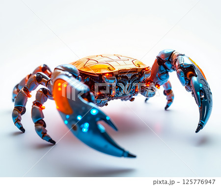 Robotic crab with intricate design and glowing features displayed on a clean surface Robotic crab with intricate design and glowing features displayed on a clean surface 125776947