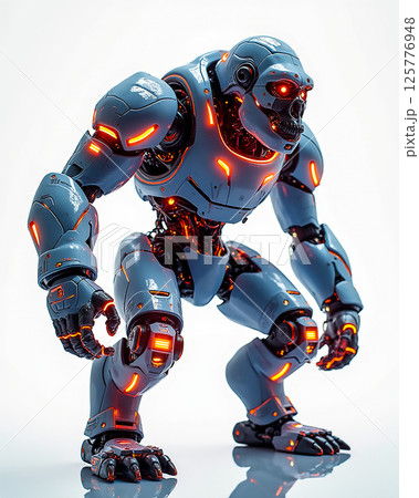 Robot gorilla in dynamic pose showcasing futuristic design and glowing features in a studio setting 125776948