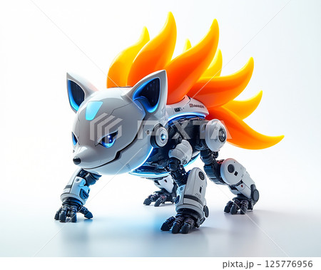 Futuristic robotic fox with vibrant orange flame-like mane showcasing advanced technology in a sleek design Futuristic robotic fox with vibrant orange flame-like mane showcasing advanced technology in a sleek design 125776956