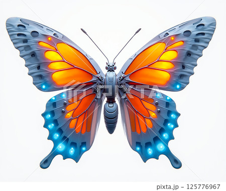 Colorful butterfly showcasing vibrant orange and blue wings against a clean white background in a striking display 125776967
