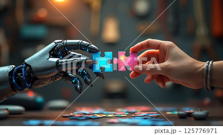 Robot and human collaborate on colorful puzzle pieces in a workshop setting during evening hours Robot and human collaborate on colorful puzzle pieces in a workshop setting during evening hours 125776971