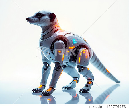 Robot meerkat stands poised under soft lighting in a futuristic setting with glowing elements along its body and limbs Robot meerkat stands poised under soft lighting in a futuristic setting with glowing elements along its body and limbs 125776978