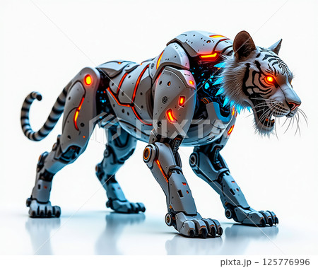 Robotic tiger crouching with glowing elements in a futuristic design and showcasing advanced technology 125776996