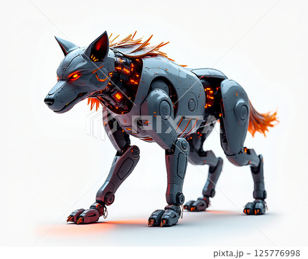 Futuristic robotic wolf with glowing features walks through a sleek environment in a sci-fi setting 125776998