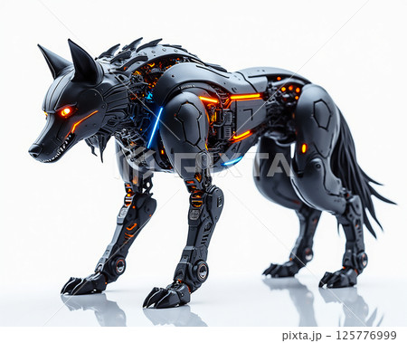 Robotic wolf model showcasing intricate design and vibrant lighting in a studio setting 125776999