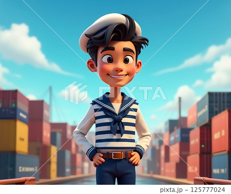 Sailor character standing proudly in a vibrant harbor with shipping containers during a sunny day 125777024