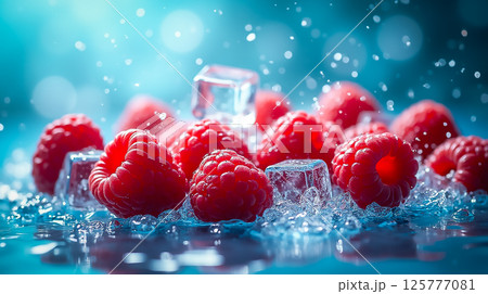 Fresh raspberries with ice cubes splashing in cool water on a bright summer day 125777081