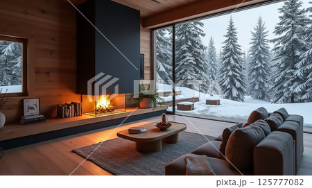 Modern cabin living room with cozy fireplace and snowy forest view during winter Modern cabin living room with cozy fireplace and snowy forest view during winter 125777082