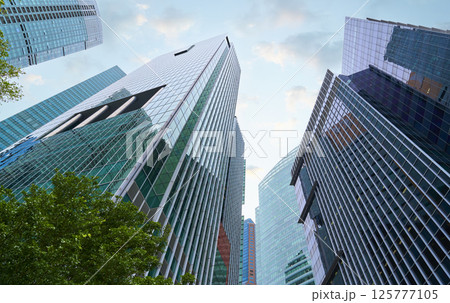 Modern skyscrapers reaching for the sky in a bustling city center Modern skyscrapers reaching for the sky in a bustling city center 125777105