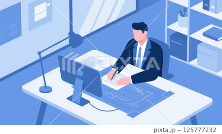 設計図をチェックするビジネスマンのイラスト 設計図をチェックするビジネスマンのイラスト 125777232